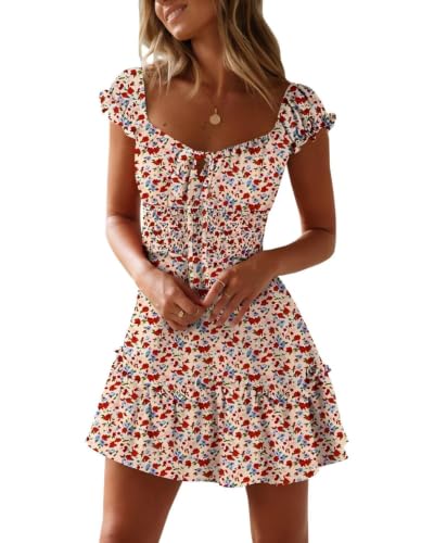 Image of Womens Summer Sundress Ruffle Sleeve Sweetheart Neck Print Mini Dress