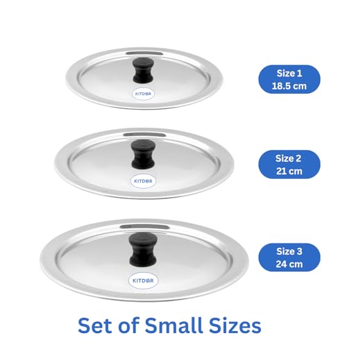 Image of Glossy Steel Lids for Utensils with Knobs | Melt-Free with a Good Gripsteel Lid for Kadai and Other Utensils | Round, Rust Resistant Steel (3 Pcs Set, Small)