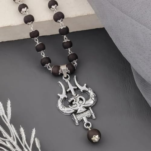 Image of Original Karungali Mala 54 Beads with OM Shiva Trishool Pendant | Govt. Lab Tested Natural Black Ebony Wood | Silver Capped Spiritual Prayer Necklace for Men & Women