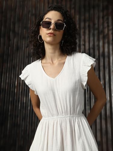 Image of High Star Women Cotton Solid Regular fit V-Neck Sleeveless Dresses