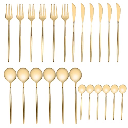 Juego de cubiertos dorados, 24 piezas de cubiertos de acero inoxidable, utensilios modernos inoxidables con cuchillo, tenedor, cuchara, cubiertos elegantes para banquetes de boda