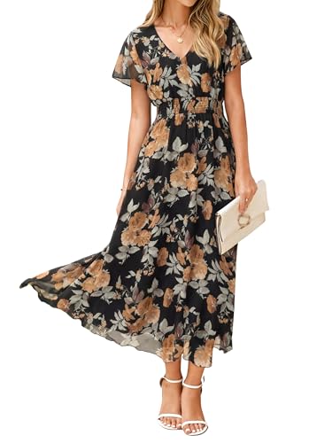 Image of Simplee Womens Floral Maxi Dress - Short Sleeve Summer Boho Wedding Guest Dress Empire Waist Chiffon Modest Midi Dresses