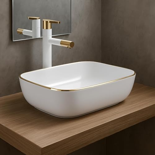 Image of OSOSAM Premium Designer Table Top Ceramic Wash Basin /Vessel Sink with Slim Rim for Bathroom (18 x 13 x 5.5 Inch) (White Glossy Finish)