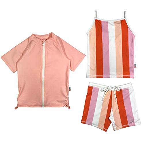 SwimZip Girl 3 Pc Short Sleeve Rash Guard, Shorts & Tankini | Peach Stripes - 2T