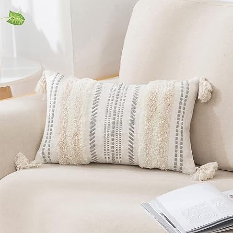 decorUhome Decorative Boho Throw Pillow Cover 12x20, Lumbar Accent Neutral Tufted Pillow Cover for Couch Bed Sofa, Textured Striped Woven Pillow Cover, Beige and Cream White, Pack of 1 Cover