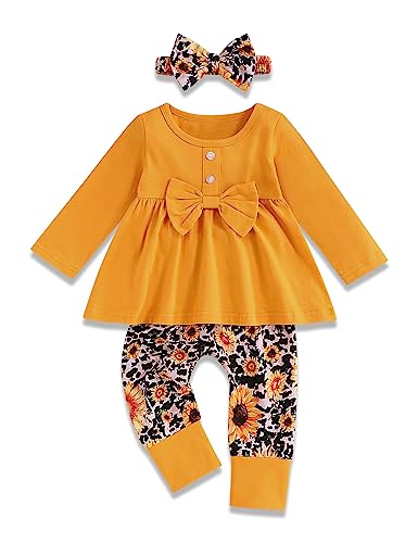 Image of oklady Toddler Baby Girl Clothes Solid Color Ruffle Tops Floral Pants with Headband Fall Winter Cute Girl Outfits
