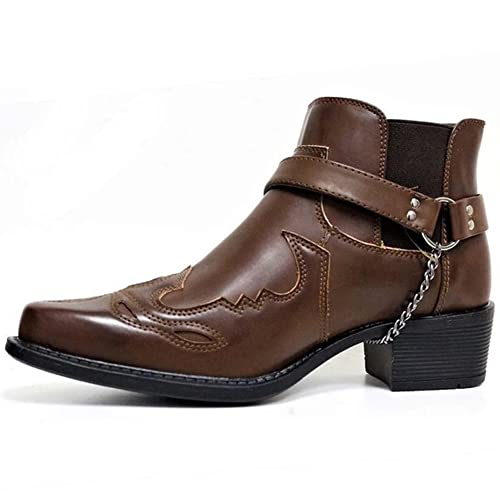 AngryMonkey Men's Pointed Toe Cowboy Boots Slip-On Chunky Heel Western Bootie Arch Support Personality Buckle Belt Chain Strap