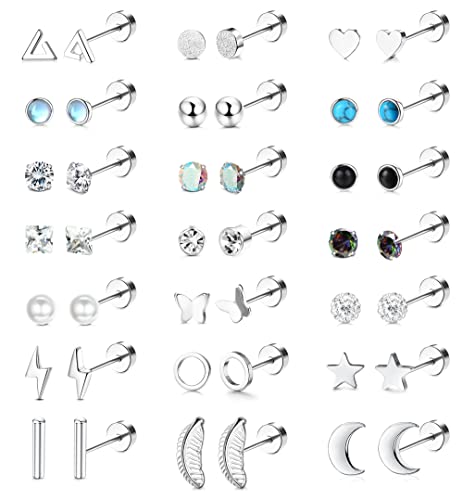 SAILIMUE Stainless Steel Flat Back Earrings For Women Hypoallergenic Gold Cartilage Flatback Earrings Studs Set in Star, Moon 21 Pairs