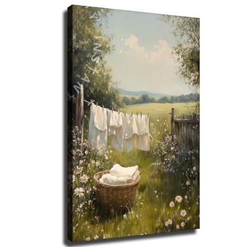 Farmhouse Laundry Day Wall Art, Country Landscape Painting Wall Decor,