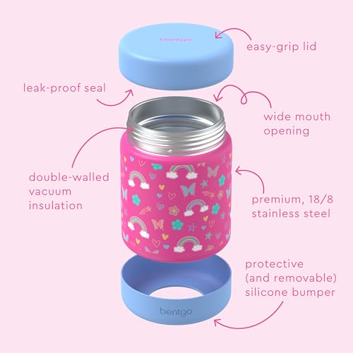 Image of Bentgo Kids Stainless Steel Leak-Proof Food Jar for Hot or Cold Food | 11 fl oz Double Insulated Container with Removable Silicone Bumper, Dishwasher Safe, Easy Open Lid, Ages 3+ (Rainbows)