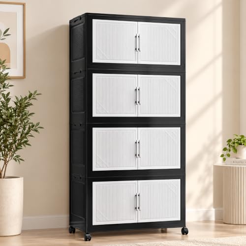 Image of KRISHYAM 4-Layer Plastic Storage Cabinet with 8 Doors & Wheels, Multipurpose Clothes Organizer, Modular Cupboard for Bedroom, Kids Room & Home, 140 x 66 x 38 cm, Black White