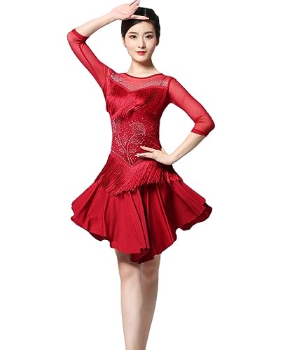 HEARTTOUCH Women Ballroom Dance Dress Salsa Latin Dance Dress with Shorts Modern Waltz Tango Swing Dress Competition Costume (Red,M,Medium)
