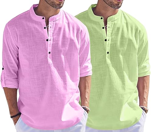 Image of Bellstone Men's Cotton Blend Straight Kurta Shirt Combo with Mandarin Collar - Slim Fit Casual Short Kurti Set Featuring Textured Slub Fabric and Roll-Up Full Sleeves