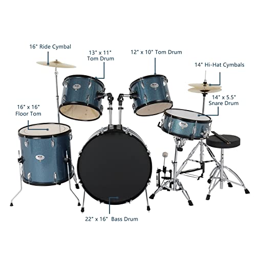 Ktaxon 5-Piece Adult Drum Set, 22 Inch Full-Size Drums Kit With Cymbal Stands, Hi-Hat Stand, Sticks, Drum Pedal, Stool & Floor Tom For Beginner Teens Student (Blue) #TOP2