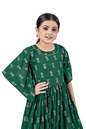 Image of Fashion Dream Girls Maxi Length Flared Foil Printed Dress (Dark Green 5-6 Year)