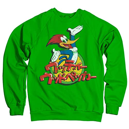 Sweatshirt Woody Woodpecker vert avec logo japonais en taille L pour style streetwear rétro original