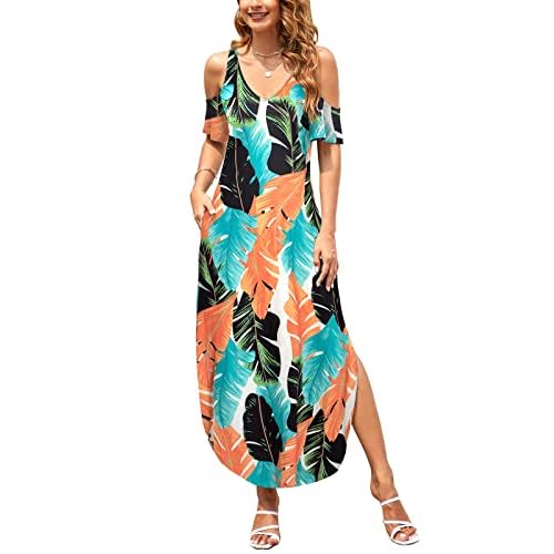 HUSKARY Women's Summer Maxi Dresses 2026 Trendy V Neck Cold Shoulder Short Sleeve Casual Loose Long Split Dress with Pockets Large Leaves01