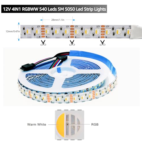 Tira de luces LED RGBWW 12V, 16.4ft, 540 LEDs miniatura 4