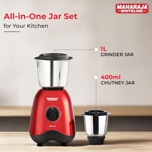 Image of Maharaja Whiteline Neo 1..2..3 Mixer Grinder | 500 W Motor, 20,000 RPM | Long Running Time, Cooler Operation | Durable Coupler, Vacuum Foothold | Stainless Steel Blades | 2 Versatile Jars