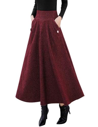 Ylingjun Warm Long Wool Skirt for Womens Winter Fall Elastic High Waisted A Line Flared Pleated Wool Skirts