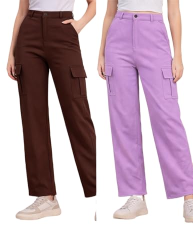 Image of Women's Cargo Pants High Waisted Baggy Wide Leg Cargo Trousers Casual Loose Fit 4 Pocket Utility Streetwear Fashion Work Bottoms, White Black Pink Lavender Beige Brown