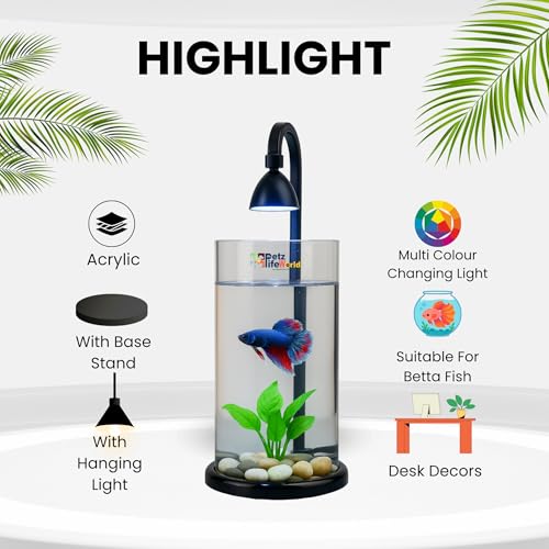 Image of VAYINATO Mini Acrylic Desktop Fish Bowl PS-10 (Black /White) | 1.2L Capacity | 10cm Diameter x 20cm Height | Aquarium Bowl with Multi-Color Hanging LED Light | Ideal for Betta | Office & Home Decor