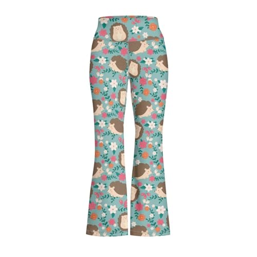 Spowatriy Hedgehog Flower Girl's Flare Yoga Pants Mid Rise High Cut Legging Wide Leg Casual Dance Workout Bootcut Pants for 5-14 Years