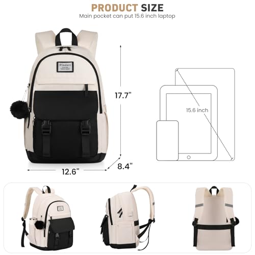 Image of WINDARS School Backpack with Lunch Box for Teen Girls, Cute College Backpacks for Women Students Aesthetic Bookbag Large 15.6 Inch Laptop Bag Middle School Travel Back Pack (Black Beige-3 Pcs)