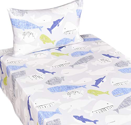Scientific Sleep Fish Whale Dolphin 100% Cotton Toddler Boys Girls Twin Bed Sheet Set, Flat Sheet & Fitted Sheet & Pillowcase 3 Pieces Bedding Set (Fish, Twin) #TOP1
