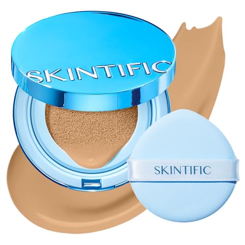 Image of SKINTIFIC Velvet Matte Cushion Foundation Blue #03G Golden Almond | Full coverage matte finish, one-swipe flawless, oil control, long-lasting pore-blurring pressed powder for oily skin.