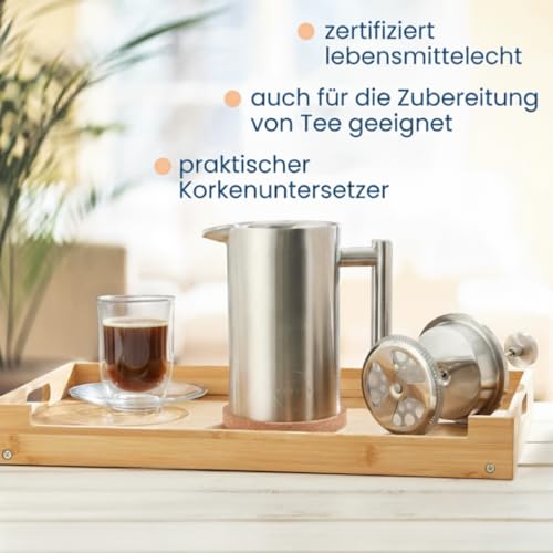 KIMIJO French Press Edelstahl 320ml I Thermo Kaffeebereiter isoliert I Doppelwandig incl. 3 Ersatzfilter & Korkuntersetzer I Spülmaschinenfest I Stempelkanne matt gebürstet 6
