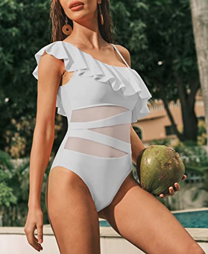 Lannew Women's White One Piece Tankini Bathing Suit Tummy Control Ruffle One Shoulder Modest Cute Monokini Swimsuits For Curvy Women Cheeky Contrast Mesh Full Coverage High Cut Flattering Swimwear #TOP4