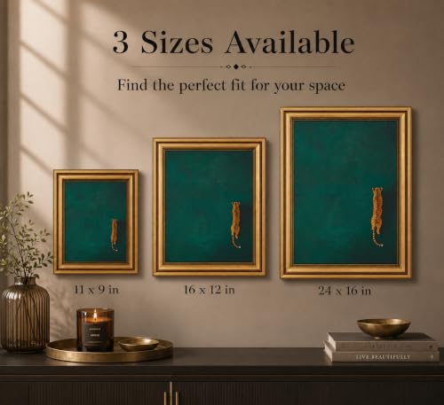 Image of Gold Framed 3D Textured Wall Art, Vintage Green Cheetah Canvas Prints, Minimalist Emerald Green Leopard Pictures Decor, Modern Trendy Animal Gallery Artwork for Living Room Bedroom Office 11x9 in
