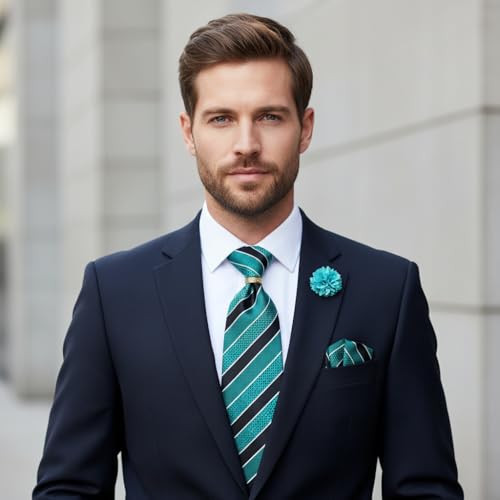 Image of 5PCS Mens Silk Tie, Pocket Square, Cufflinks, Drilled Tie Ring and Lapel Pin Set for Wedding Groom Party