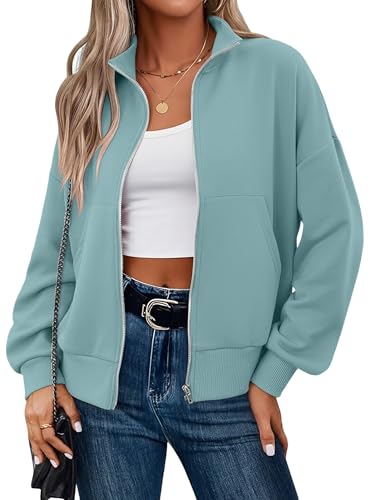 CRAZY GRID Women Basic Warm Loose Sleeve Ribbed Cuffs Crop Workout Jackets Fashion Plain Color Knitted Zip Up Outfits LightBlue Small