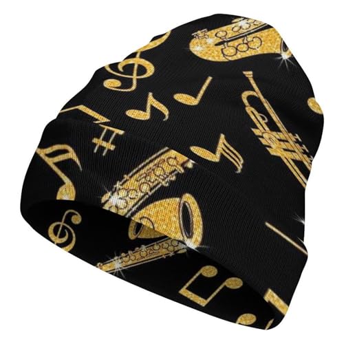 LITPUZC Fashionable Cuffed Beanie Hats for Men Women Saxophone Trumpets Music Gold Black Knit Hat Soft Warm Skull Cap Stretch Fall Winter Hat