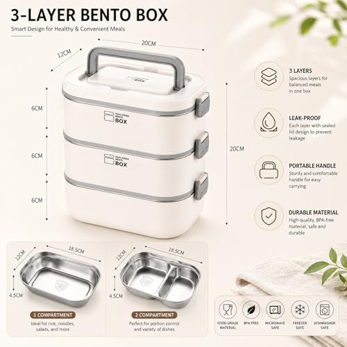 Image of 3 Layer Bento Lunch Box 2400ml for Adults & Kids | Leakproof Stainless Steel Tiffin Box with Handle, Microwave Safe Food Container | Portable Lunch Organizer for Office School Travel