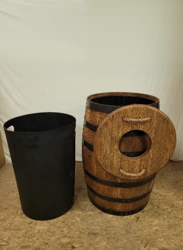 Whiskey Barrel Trash Can c/ Hole in Top-Rope Handles & Liner