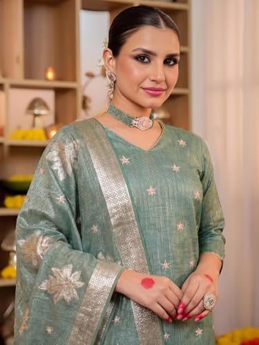 Image of Pinkmint Women Jacquard Silk Ethnic Kurta with Dupatta Suit for Women | Straight Fit Designer Wear with Woven Pattern & Tassel Dupatta | Availble in Plus Size