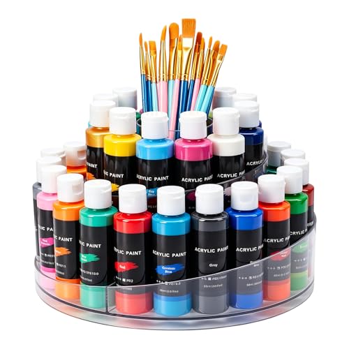 Flythww 360 Rotating Acrylic Paint Organizer with Brush Holder Clear Paint Storage Rack for 2oz Craft Paint Bottles Space Saving Art Supply Organizer for Acrylic Paints & Brushes