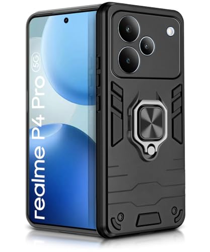 Image of WOW IMAGINE Shock Proof Back Case Mobile Cover for Realme P4 Pro 5G | Back Cover Case (Tough Armor | Hybrid PC + TPU | Ring Holder & in-Built Kickstand | Black)