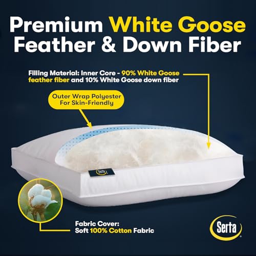 Image of Serta Hotel Collection Pillows Queen Size Set of 2 White Goose Feather Down Fiber Gusseted 100% Cotton Pillow for Back, Stomach or Side Sleepers