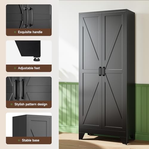 Image of Letaya 75 inch H Metal Storage Cabinet with 2 Doors and 4 Shelves,Tall Kitchen Pantry Cabinets,Farmhouse Utility Pantry Organizers for Cupboard /Dining /Bathroom /Home Office /Garage Room,Black