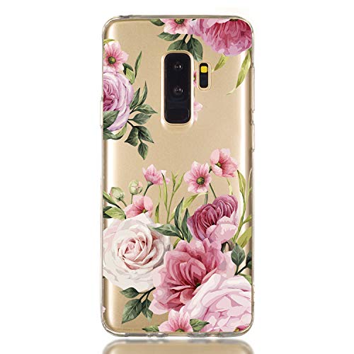 Coque Silicone pour Samsung Galaxy S9 Plus, CrazyLemon Coque Fine pour Téléphone Portable Clear Antichoc Housse de Protection Transparente Anti-Jaune TPU Case - Rose Fleurs Cover