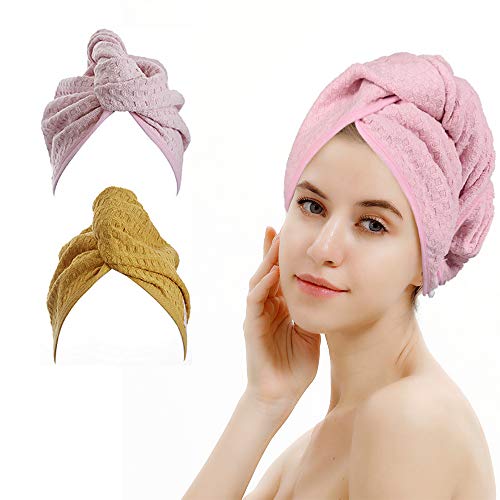 2 Pack Waffle Hair Drying Towel,Hair Towel Wrap,Hair Towel Turban to Dry Your Hair More Quicker,Lightweight and Absorbent (Pink &Yellow)