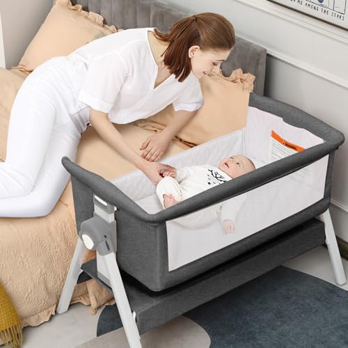 Image of INFANS Baby Bassinet Bedside Crib, Newborn Sleeper w/Large Storage Basket, Adjustable Heights, Detachable &Washable Mattress, Breathable Mesh, Straps, Easy Moving Bed Side (Misty Grey)
