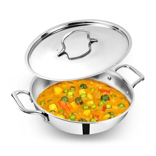 The Indus Valley Triply Stainless Steel Kadai/Kadhai with Steel Lid | 20cm/7.9 inch, 1.7Ltr, 1.20kg | Induction Friendly | Nonstick 3-Layer Body, 100% Toxin-Free, No Chemical Coating