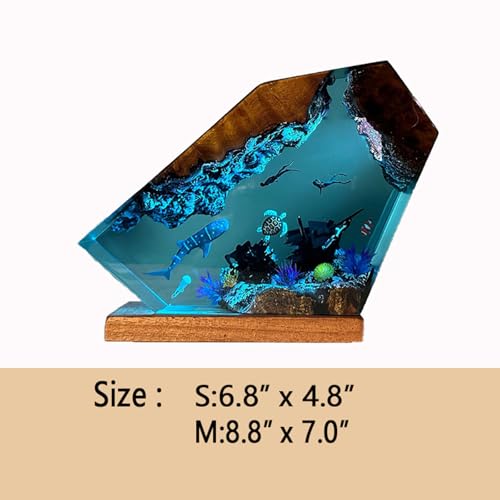 Image of Drawelry Ocean Creative Epoxy Resin Wood Light Lamp, Handmade Multi Color Aquatic Ocean Lamp Deep Sea Cave Diving Enthusiasts Led Night Light Desktop Decor Birthday Gift (Ocean World, M)