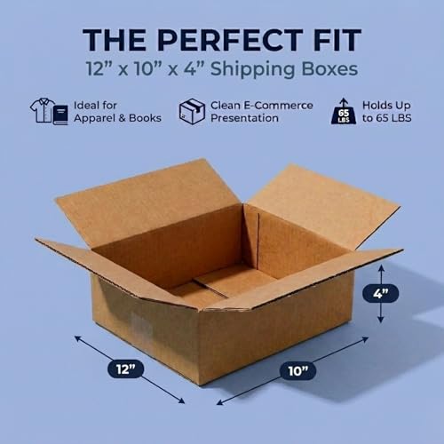 Image of BOX USA Shipping Boxes Flat 12 inchL x 10 inchW x 4 inchH 25-Pack - Corrugated Cardboard Box for Moving, Mailing, Packing, Packaging and Storage
