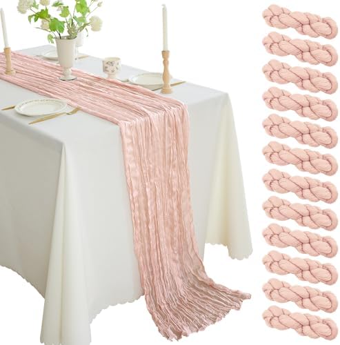 12PCS Cheesecloth Table Runner 10FT Gauze Boho Rustic 35x120 Inch Long Table Runner for Wedding Baby Shower Bridal Shower Decoration(Dusty Pink)